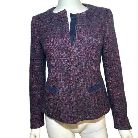 Hugo Boss Women's Burgundy Red and Navy Tweed Jacket-Size 6 - Picture 2 of 15